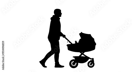 Silhouette of a person pushing stroller.