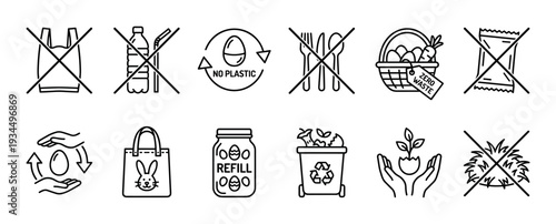 Collection of black line art sustainability icons illustrating eco-friendly practices, zero waste principles, and the avoidance of single-use plastics, presented in a clean, graphic style