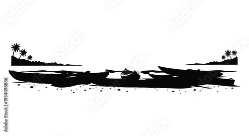 A tranquil coastal scene depicts palm trees distant mountains and boats all rendered as a striking silhouette