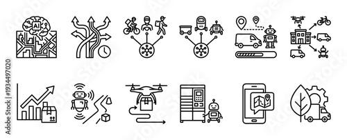 This extensive collection of line icons illustrates modern logistics, artificial intelligence, and automated delivery systems, showcasing smart supply chain management in a clean, minimalist style