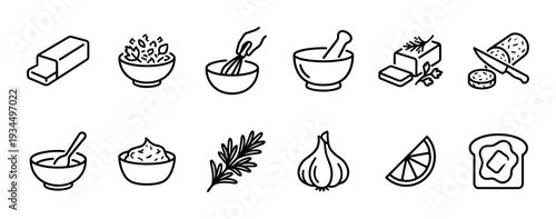Twelve black outline cooking ingredient and kitchen tool icons are neatly arranged, showcasing various food preparation elements in a simple, minimalist line art style