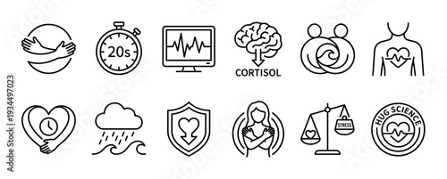 Comprehensive collection of black line art icons illustrating the science of hugging, emotional well-being, and stress reduction, presented in a clean, modern style