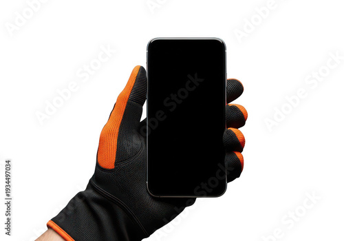 A hand wearing an orange accented glove holding a black smartphone on transparent background
