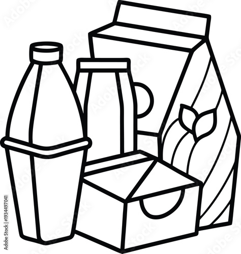 Food and drink packaging container items milk carton bottle jug box package line art illustration