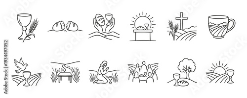 Collection of Christian Eucharist line art icons depicting chalices, bread, wheat, crosses, doves, and figures in prayer, rendered in a simple, spiritual, and symbolic outline style