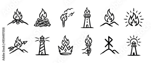 Hand-drawn fire and light icons collection features various illustrative symbols including campfires, torches, and lighthouses, rendered in a rough, doodle-like black ink style