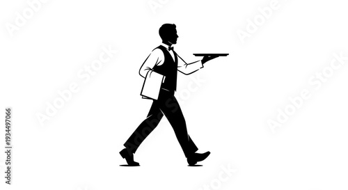 Man carrying tray and apron walking.