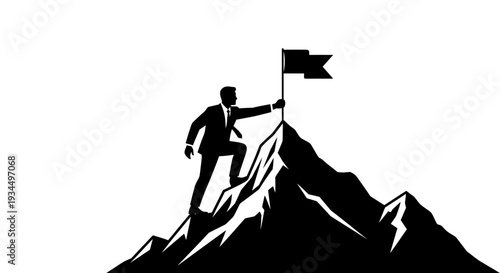 Man climbing mountain with flag.