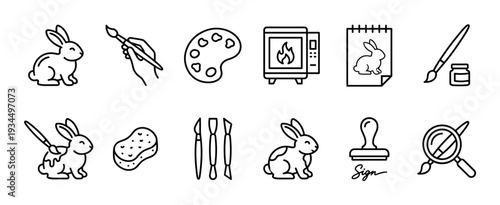 Comprehensive set of black outline icons depicting art and craft supplies, including paintbrushes, a palette, a sponge, sculpting tools, and symbols for cruelty-free practices and artistic endeavors