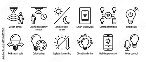 Collection of smart home technology line icons illustrating various sensors, lighting controls, and automation features in a clean, modern, minimalist outline style