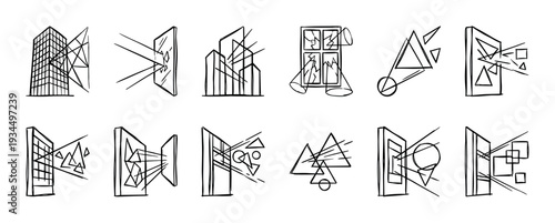 Collection of abstract geometric line art icons depicting various shapes and forms interacting with dynamic lines, rendered in a simple hand-drawn black and white style