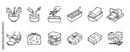 The entire handmade soap making process is clearly depicted in this comprehensive set of black and white line art icons, showing mixing, pouring, cutting, and packaging steps