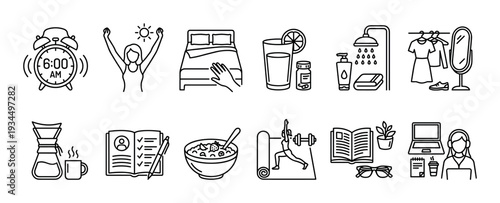 Comprehensive collection of line art icons depicting a healthy morning routine, showing various daily activities and wellness habits