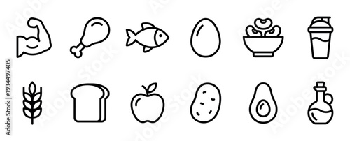 Collection of black outline icons representing healthy food and fitness elements, including proteins, grains, fruits, vegetables, and a bicep, in a clean, modern, and simple graphic style