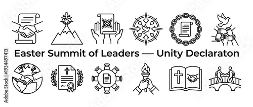 Diverse collection of black line art icons representing themes of global unity, leadership, agreement, faith, and cooperation, depicted in a clean, modern, and symbolic vector style