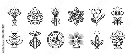 Biotechnology and science-themed line art icons illustrate concepts of genetics, botany, and research, featuring a clean, minimalist design style