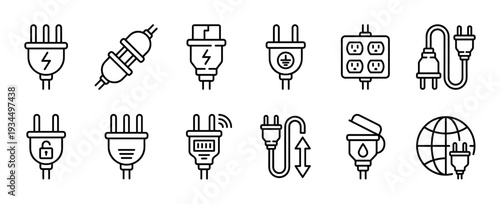 Collection of various electrical plug and socket icons, depicting concepts like power, grounding, security, wireless connection, data transfer, and global energy in a clean, modern outline style