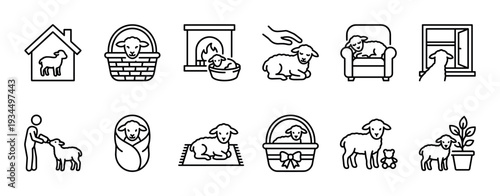 Collection of cute black outline lamb icons depicting various scenes of domesticity, care, and gentle companionship in a charming line art style