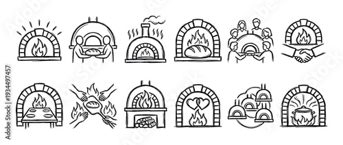 Hand drawn black and white brick oven icons illustrate traditional baking, cooking, and community, featuring various scenes of bread making, fire, and warmth in a rustic, artistic style