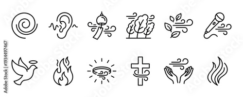 Collection of twelve minimalist black outline icons depicting various spiritual concepts and natural elements, including wind, fire, a dove, and a cross, all rendered in a clean, modern line art style