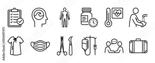 Comprehensive collection of medical and health-related line icons depicting various aspects of healthcare, well-being, and patient care in a clean, modern, and illustrative style