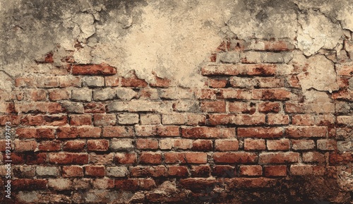 Weathered Brick Wall Texture with Peeling Plaster and Grungy Surface.