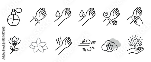 Diverse collection of elegant line art icons representing beauty, skincare, and natural fragrance concepts, depicted with clean black outlines and a modern, minimalist aesthetic