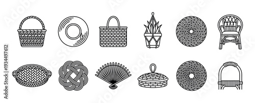 Twelve diverse woven wicker and rattan items are depicted as minimalist black outline icons, showcasing various baskets, trays, a chair, and decorative objects in a clean, illustrative style