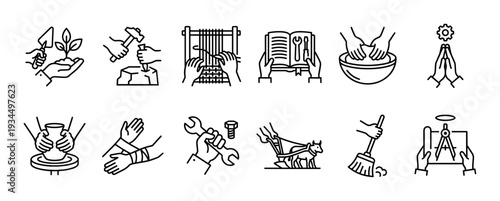 Diverse collection of twelve minimalist line art icons illustrates various human activities, crafts, and professions, showcasing hands engaged in tasks like gardening, weaving, and mechanical work