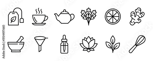 Collection of black line art icons illustrating various natural ingredients and tools for wellness and tea preparation, presented with a clean, minimalist aesthetic