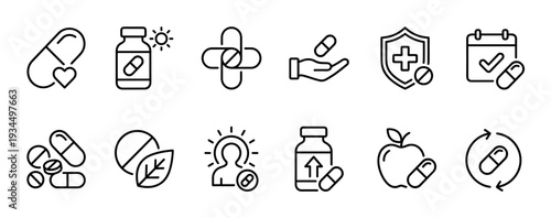 These medicine and health icons illustrate various aspects of pharmaceutical care, wellness, and medical treatment, presented in a clean, modern outline style