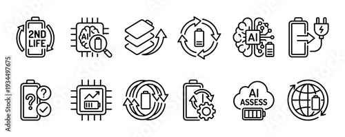 Collection of linear battery technology related icons illustrating concepts like second life, AI assessment, recycling, and energy management, presented in a clean, modern style