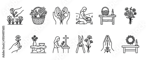 Simple black line art icons illustrating various flower-related activities, including gardening, bouquets, memorial tributes, and floral arrangements, presented in a clean, minimalist style