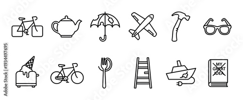 Diverse collection of twelve minimalist outline icons featuring everyday objects with a creative, whimsical twist, rendered in a clean, modern line art style