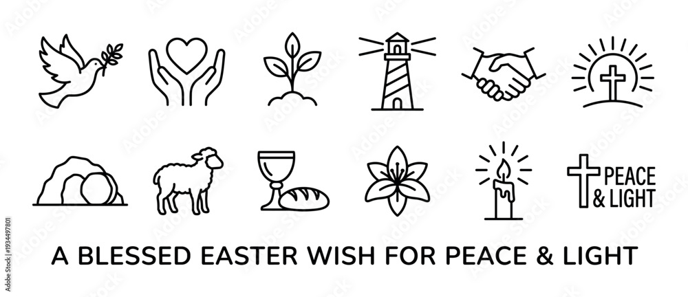 Fototapeta premium Collection of black outline Christian Easter symbols and icons, including a dove, lamb, and cross, accompanied by a blessed wish for peace and light