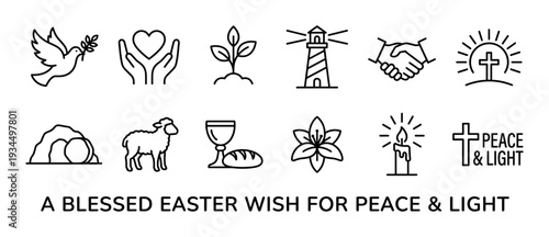 Collection of black outline Christian Easter symbols and icons, including a dove, lamb, and cross, accompanied by a blessed wish for peace and light