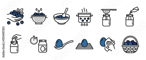 Collection of simple line art icons illustrates various food preparation steps, including handling blueberries, cooking, straining, jarring, and preparing eggs
