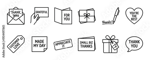 Collection of black and white line art gratitude icons, featuring various symbols of appreciation like envelopes, gift boxes, hearts, and speech bubbles with thankful messages