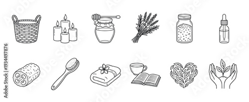 Charming collection of hand-drawn wellness and spa icons, featuring candles, honey, lavender, bath salts, essential oil, loofah, and a towel, depicted in a clean line art style