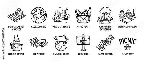 Diverse collection of hand-drawn picnic icons illustrating various outdoor leisure activities, food, gatherings, and global travel concepts in a simple, artistic line art style