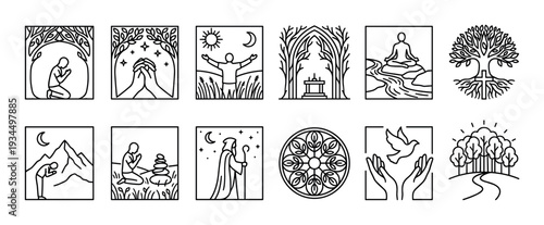 Twelve minimalist line art spiritual icons collection depicting various religious, meditative, and nature-inspired concepts, rendered in a clean, modern, and symbolic black and white style