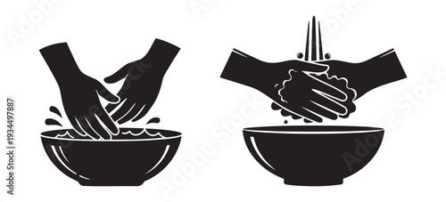 Traditional ritual hand washing ceremony silhouette for Jewish Passover Seder Urchatz and Rachtzah religious purification.