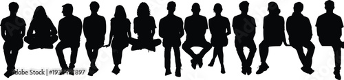 Flat vector silhouette illustration of diverse people sitting in row, casual posture, community lifestyle, minimal design, human interaction art