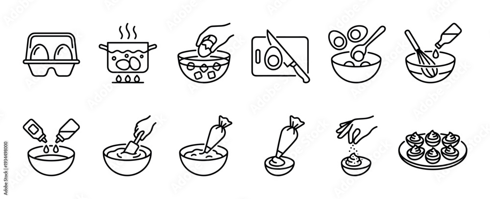Fototapeta premium This comprehensive set of black line icons illustrates the step-by-step process of preparing delicious deviled eggs, from boiling and peeling to mixing and piping, presented in a clean, modern style