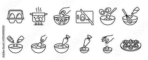 This comprehensive set of black line icons illustrates the step-by-step process of preparing delicious deviled eggs, from boiling and peeling to mixing and piping, presented in a clean, modern style