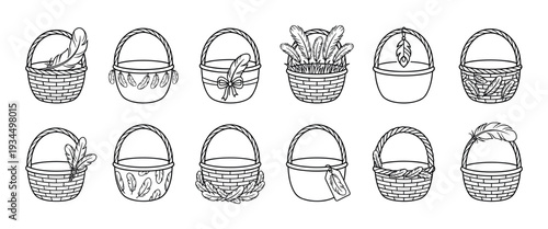 Twelve black and white line art baskets are intricately illustrated with various feather decorations, showcasing a charming collection of rustic and bohemian designs in a clean, graphic style