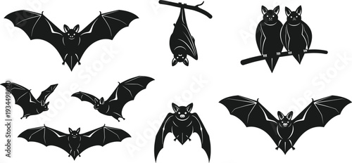 Black bat silhouettes set including flying hanging and perched nocturnal animals for halloween spooky themes nature wildlife and gothic design elements