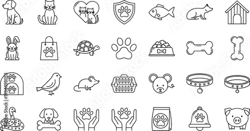 Pet Care and Animal Accessories Line Icons Set with Dog, Cat, Rabbit, Paw Print, Collar, Bone, Pet Food and Veterinary Concepts