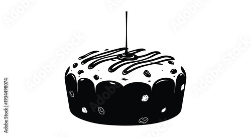 A striking black and white illustration depicts a bundt cake with dripping icing a bold graphic silhouette