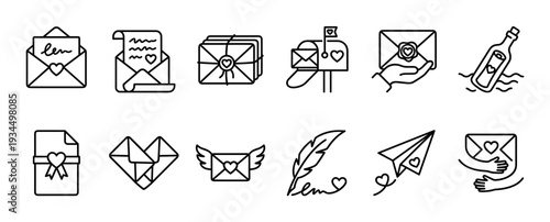 Collection of love mail icons in a charming outline style, depicting various romantic communication elements like envelopes, hearts, a mailbox, and a message in a bottle